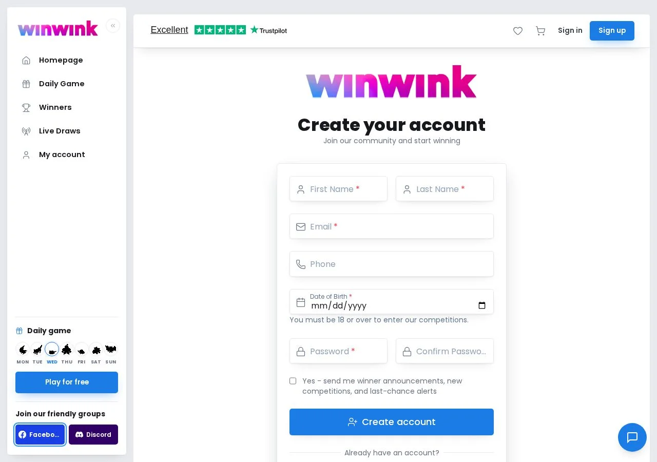 WinWink account registration login